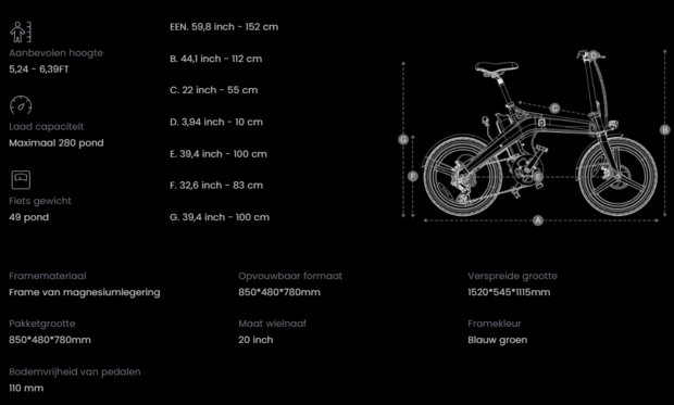 DYU T1 e-bike vouwfiets 250 watt motorvermogen topsnelheid 25 km/u 20’’ banden 7 versnellingen