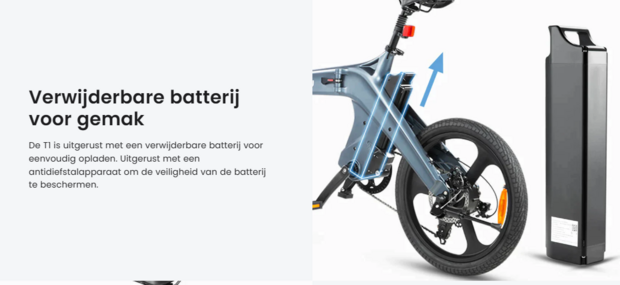 DYU T1 e-bike vouwfiets 250 watt motorvermogen topsnelheid 25 km/u 20’’ banden 7 versnellingen